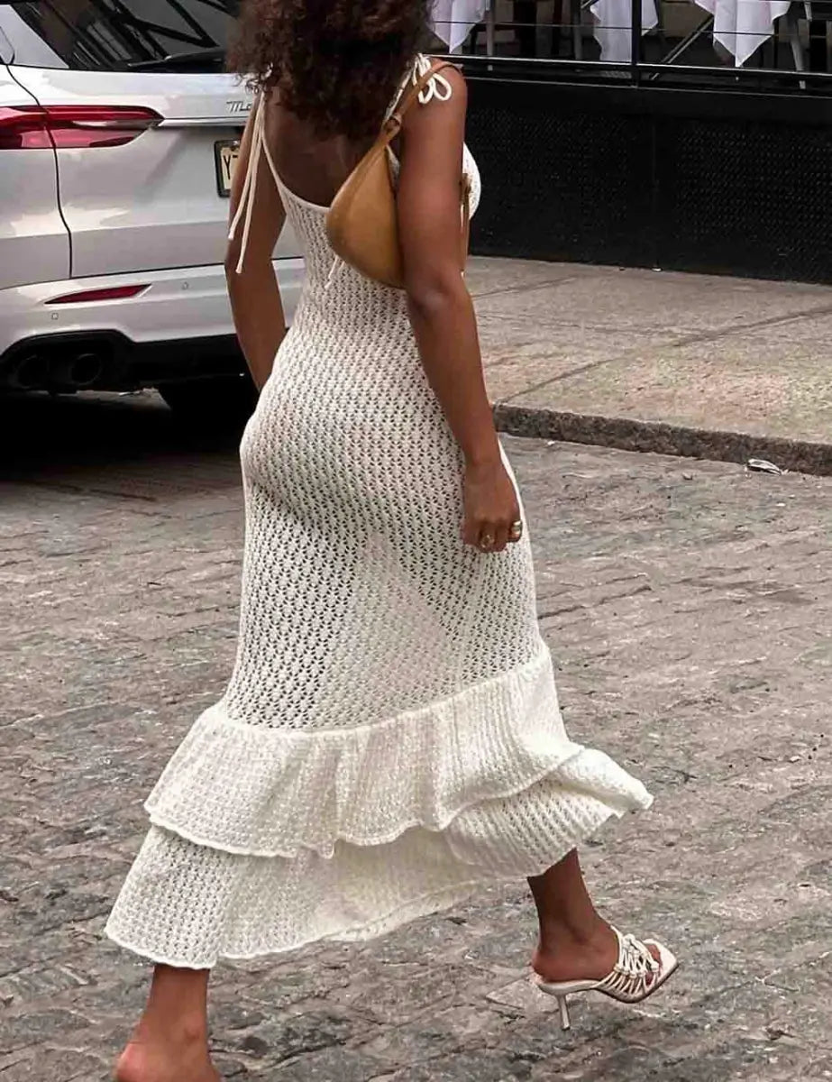 crochet hem dress boohoo Women's Crochet Knit Beaded Hem Mini Dress in Baby Blue