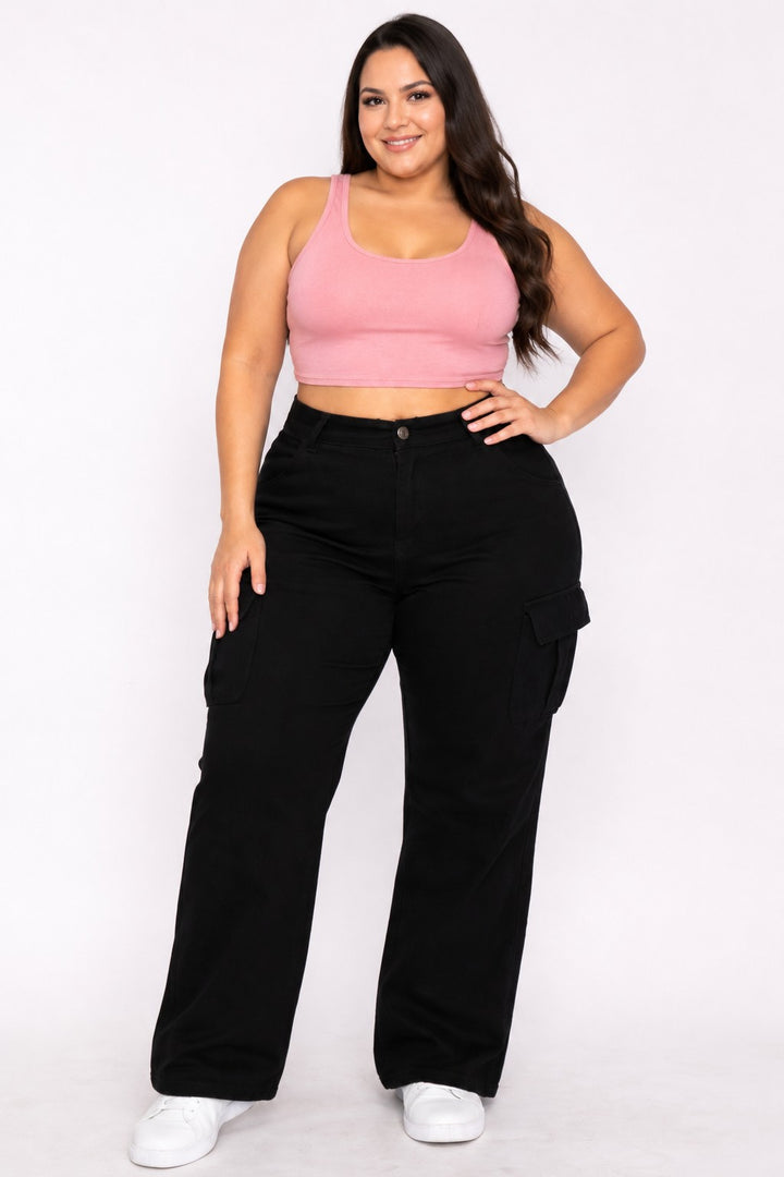 FASON DE VIV Bri Plus Size Black Cargo Jeans — front full-length view, high waist stretch denim with cargo pockets