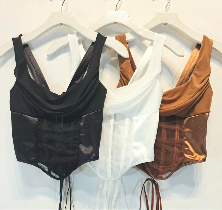 Satin Mesh Lace-Up Corset Top