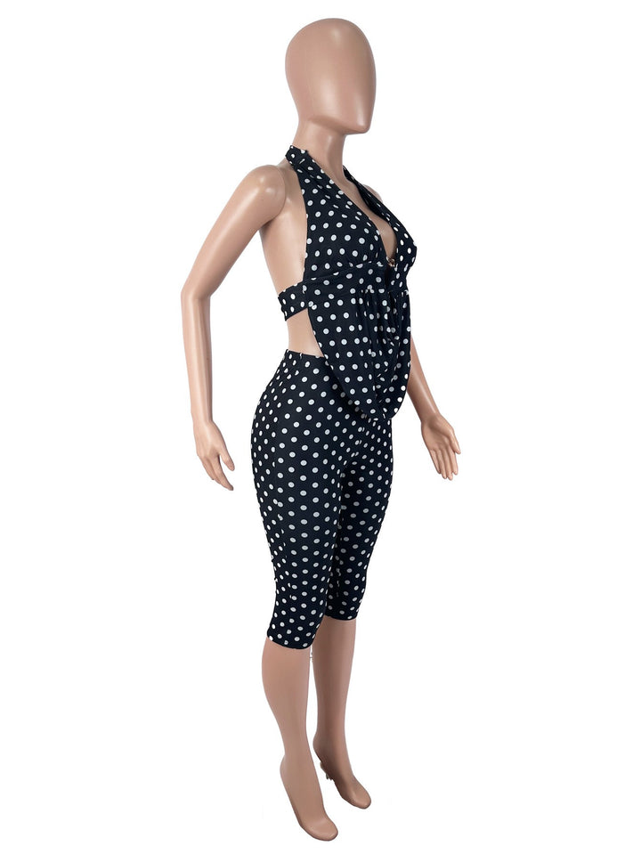 Polka Dot Halter Backless Two-Piece Set – Top &amp; Capri Pants