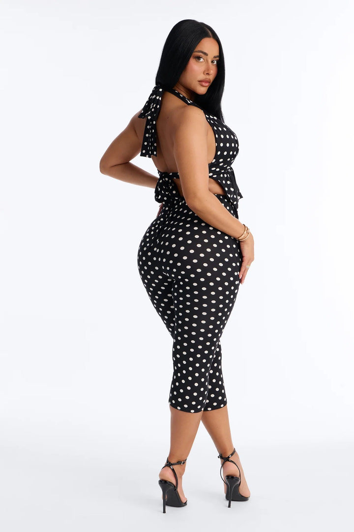 Polka Dot Halter Backless Two-Piece Set – Top &amp; Capri Pants
