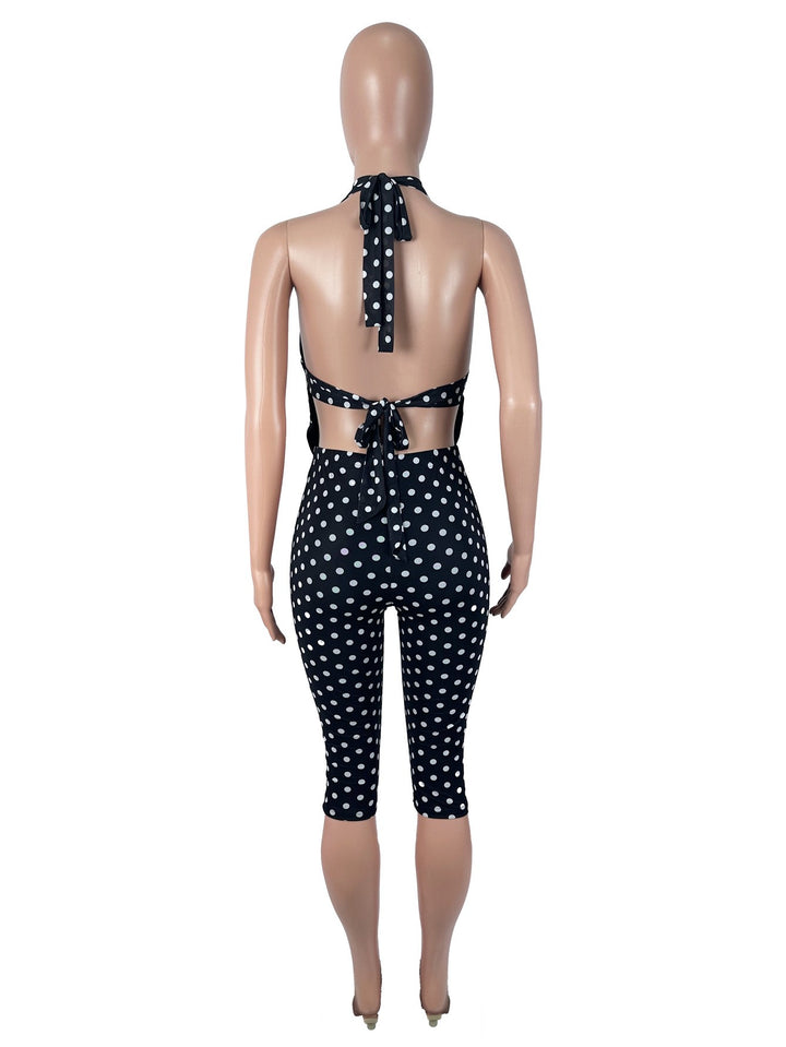 Polka Dot Halter Backless Two-Piece Set – Top &amp; Capri Pants