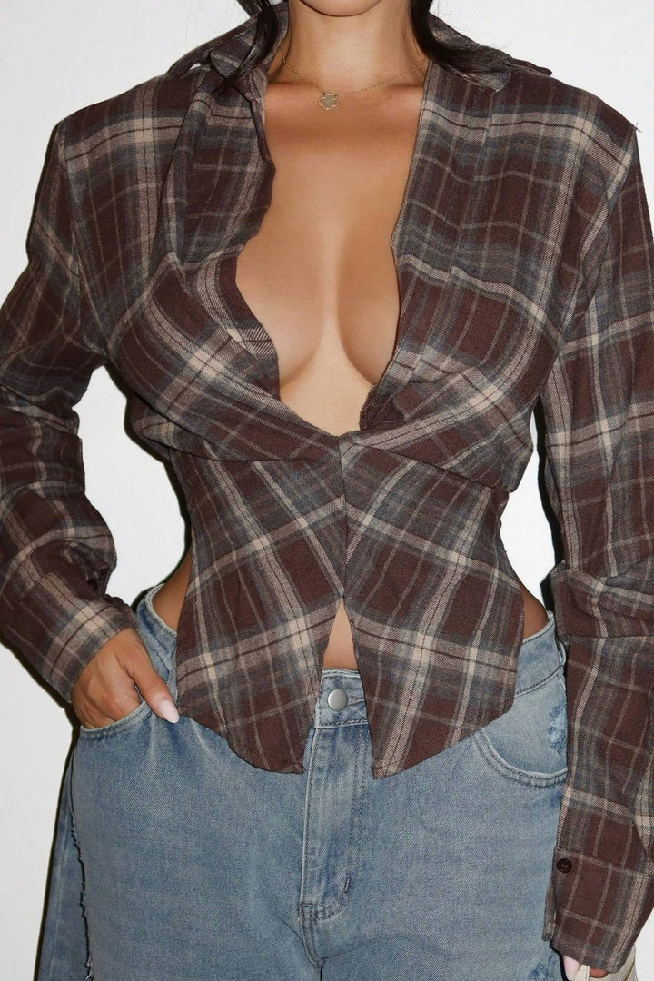 Eve Plaid Button Down Shirt — Brown &amp; Blue Plaid Top