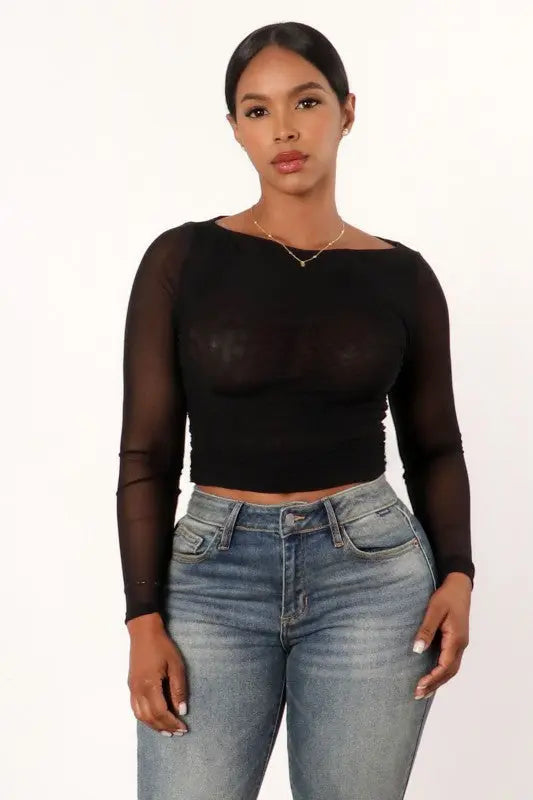 Bri Long Sleeve Ruched Double Mesh Crop Top
