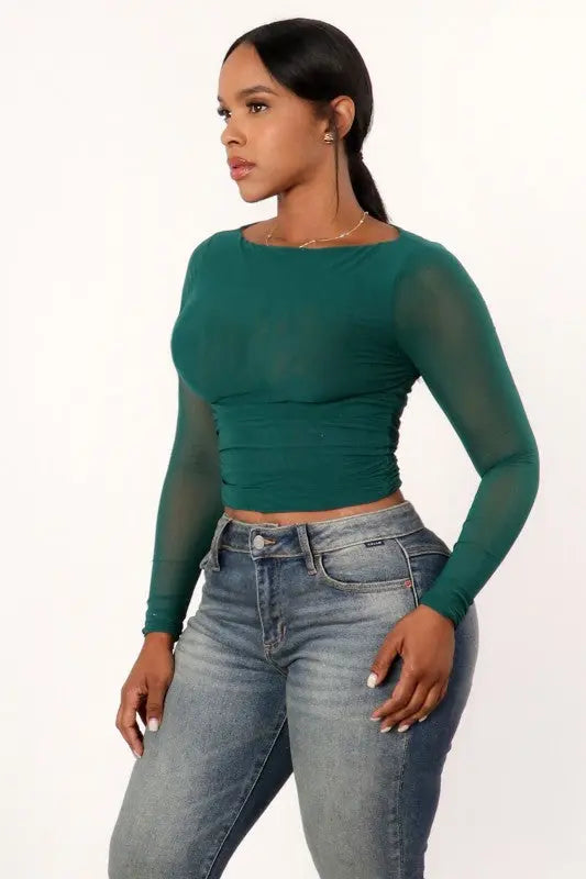 Bri Long Sleeve Ruched Double Mesh Crop Top