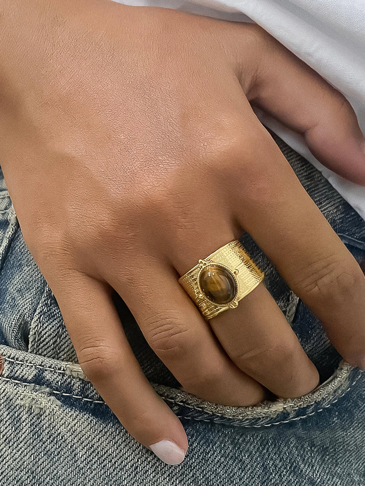 Oasis 18K Gold Non-Tarnish Stone Bold Adjustable Ring