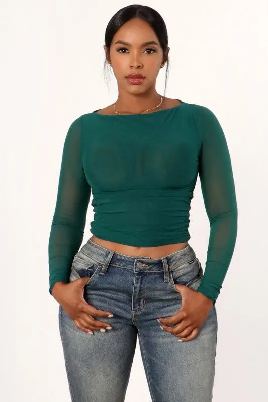 Bri Long Sleeve Ruched Double Mesh Crop Top