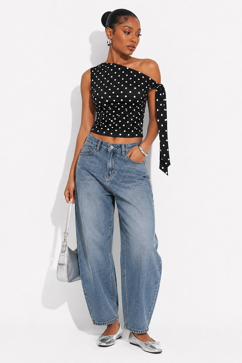 Asymmetrical Polka Dot One Shoulder Top