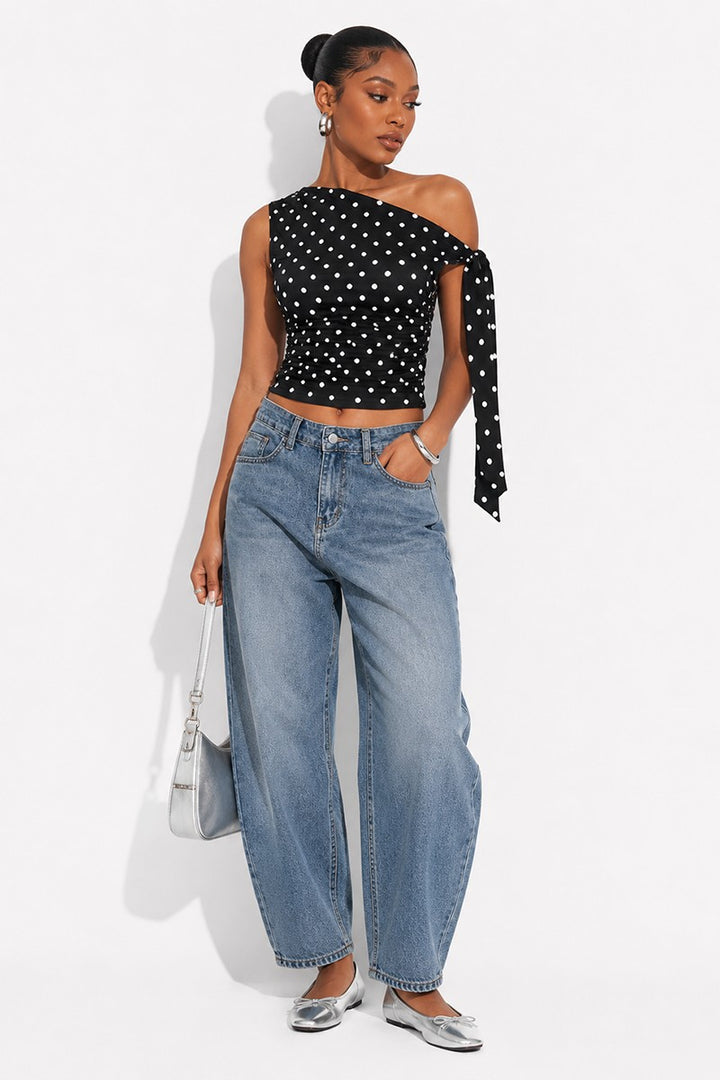 Asymmetrical Polka Dot One Shoulder Top