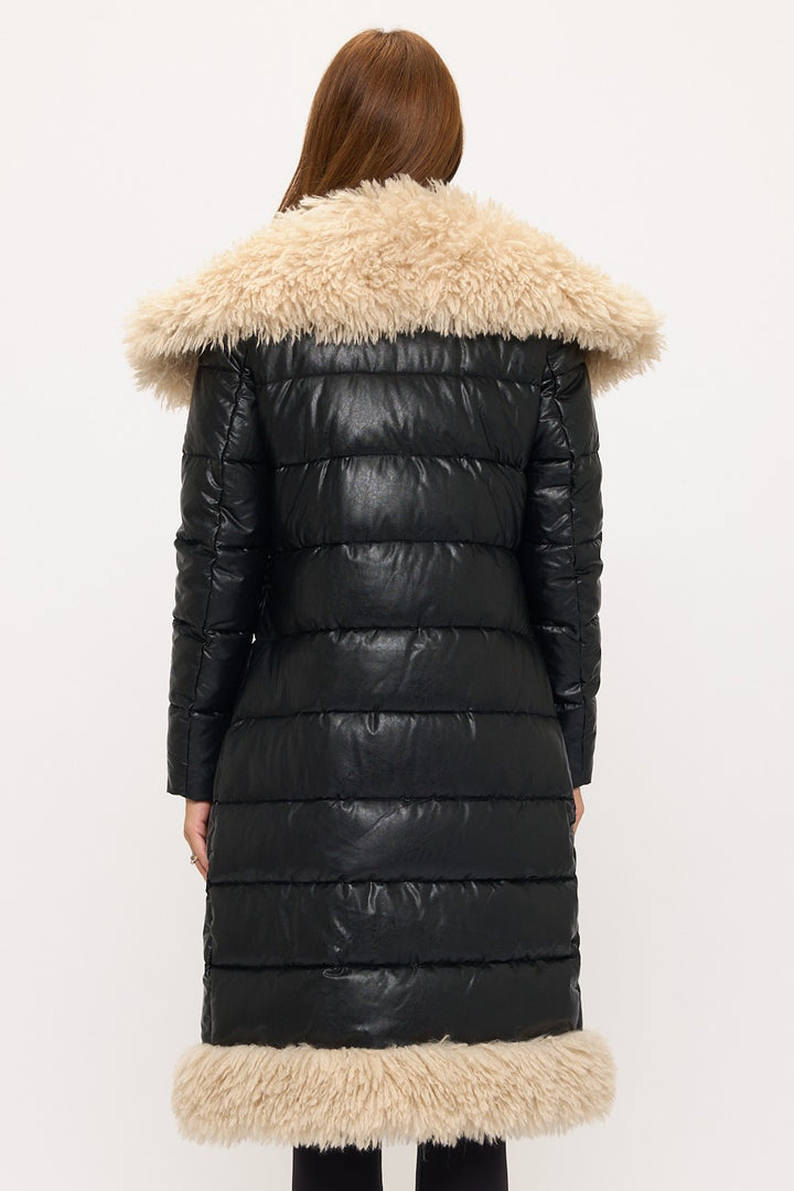 Back Black Fur Trim Puffer Long Coat - Fason De Viv