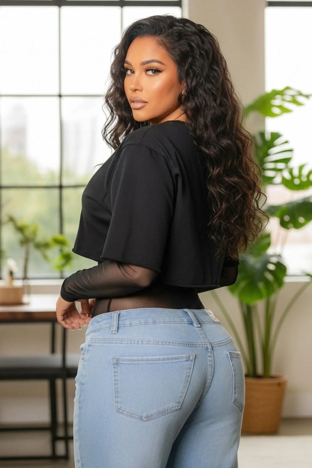 Black Mesh Bodysuit & Crop Top T-Shirt Set