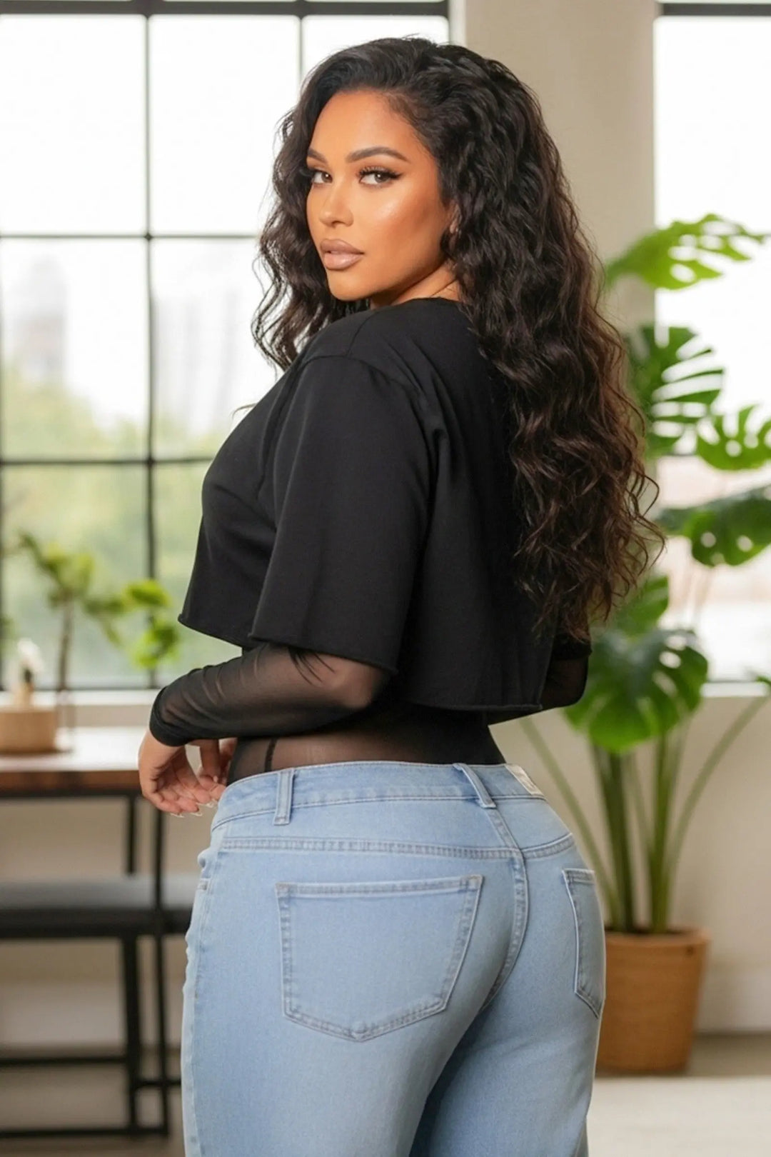 Black Mesh Bodysuit &amp; Crop Top T-Shirt Set - Outfit Sets from ShopWTD