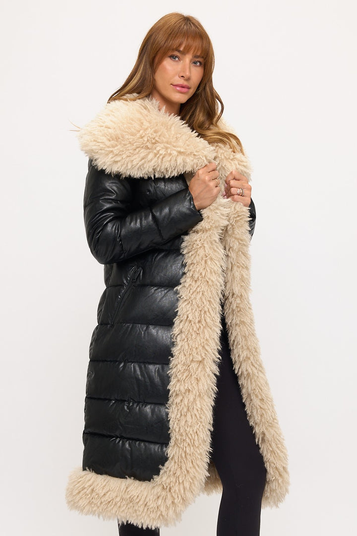  Black Fur Trim Puffer Long Coat Side- Fason De Viv