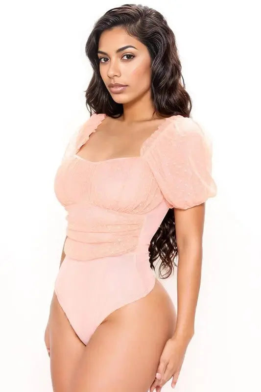 Bri DOT MESH PUFF SLEEVE BODYSUIT - Fason De Viv