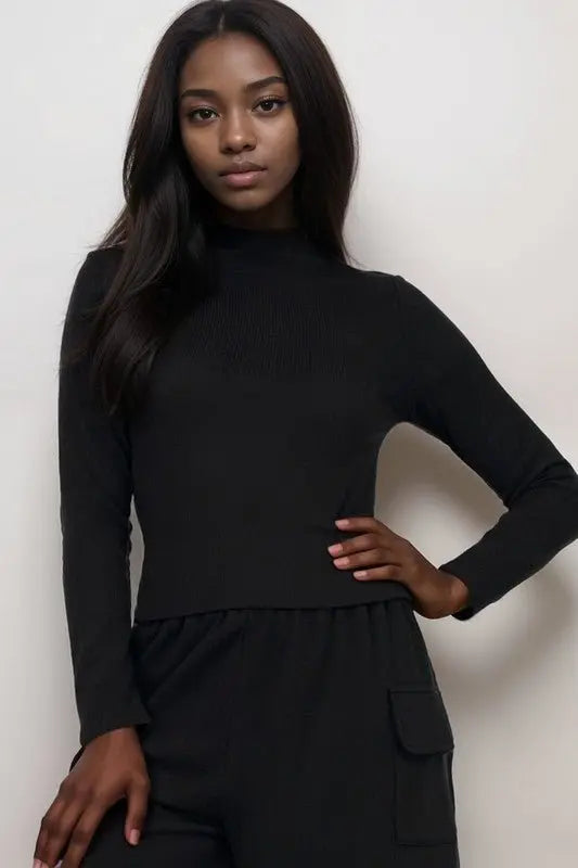 Bri Ribbed Mock Neck Long Sleeve Top - Fason De Viv