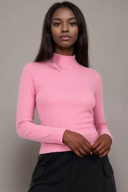 Bri Ribbed Mock Neck Long Sleeve Top - Fason De Viv