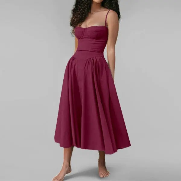 wine color Bri strapless midi corset dress