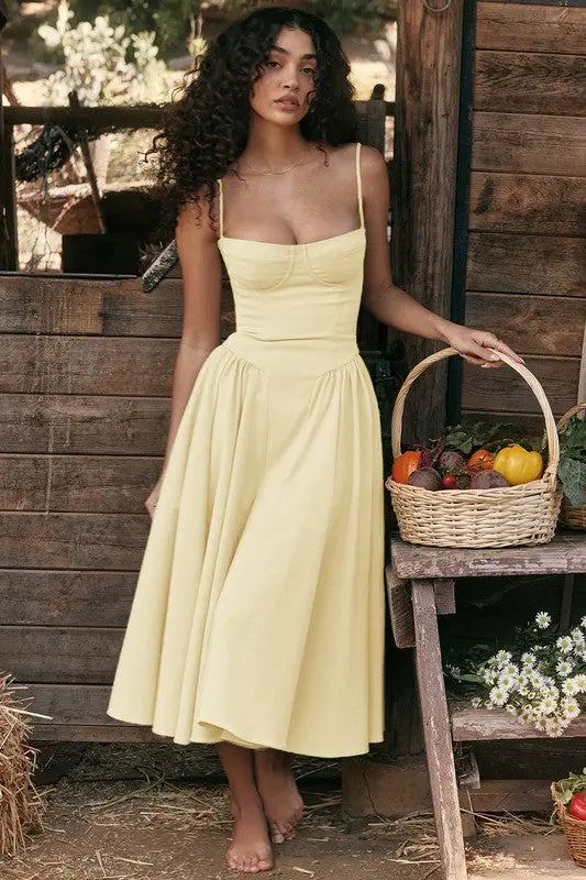 Yellow strapless midi corset dress