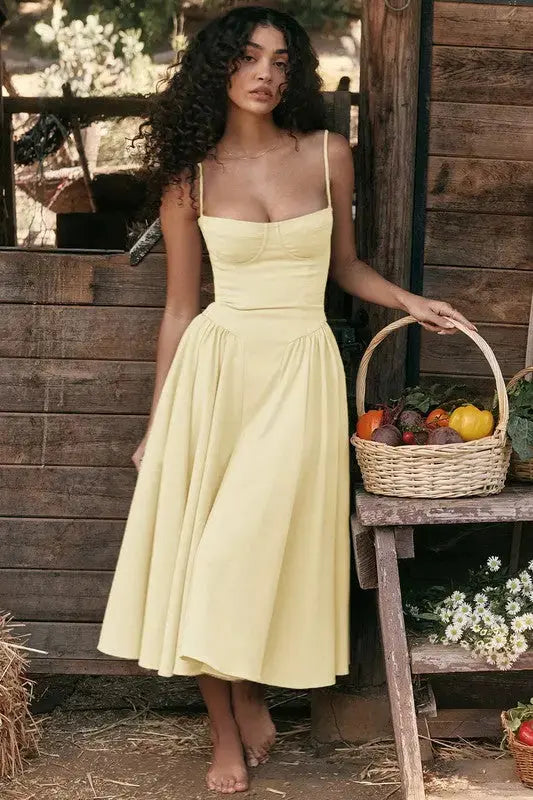 yellow corset dress midi TFNC cotton corset detail cami midi dress in yellow