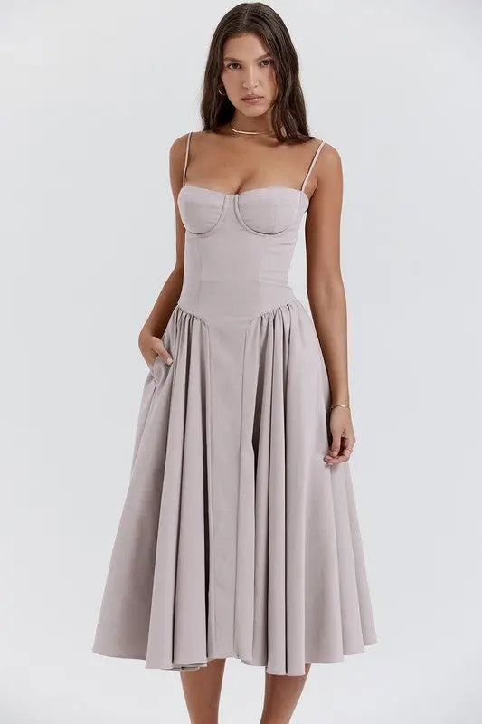 Gray Bri strapless midi corset dress