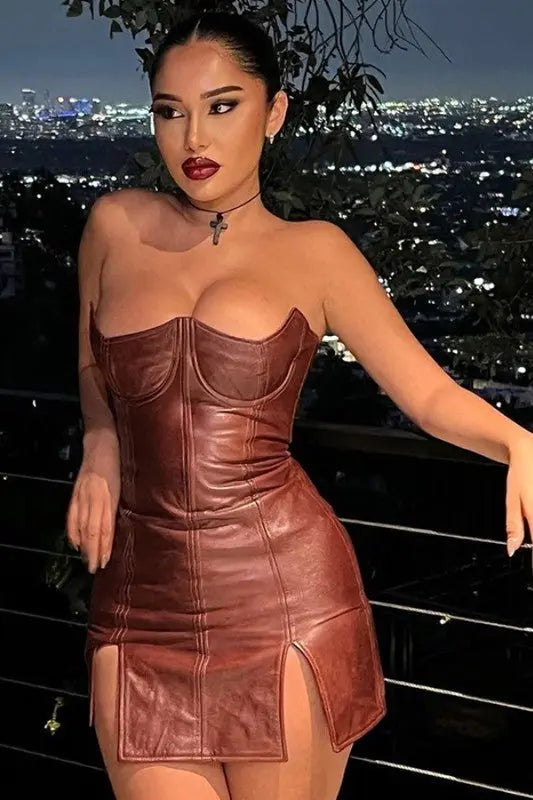 Bri Pu Leather Strapless Bodycon Dress - Fason De Viv