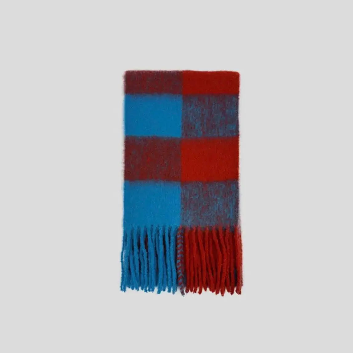 Bri Tassel Wool Blend Soft Scarf in color-block plaid design