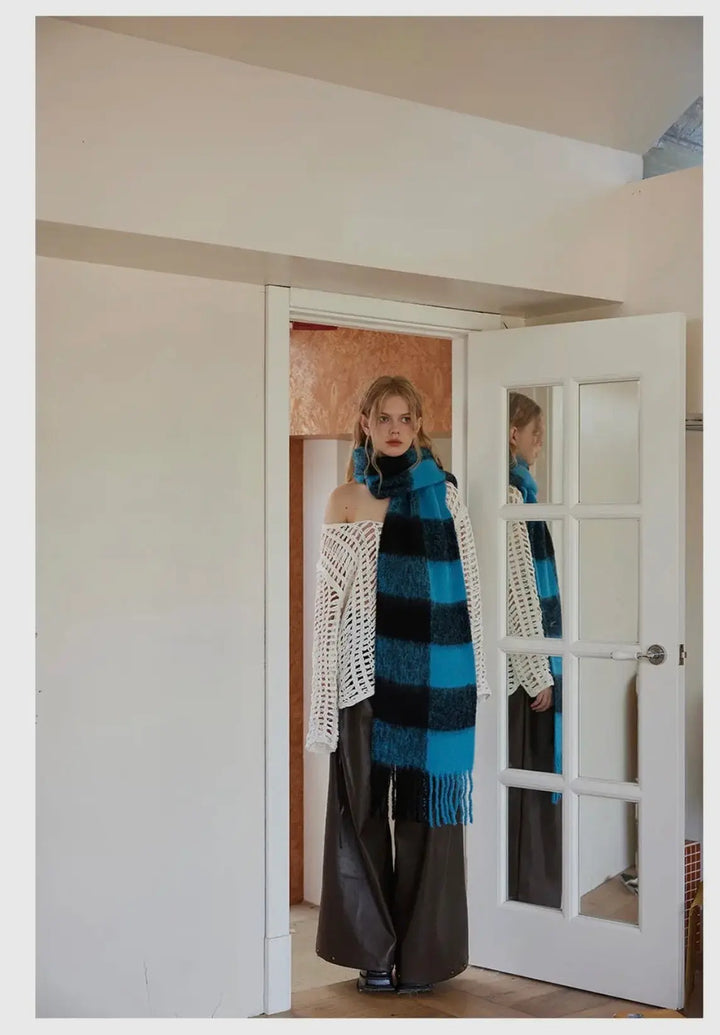 Long color-block plaid scarf for women’s clothing