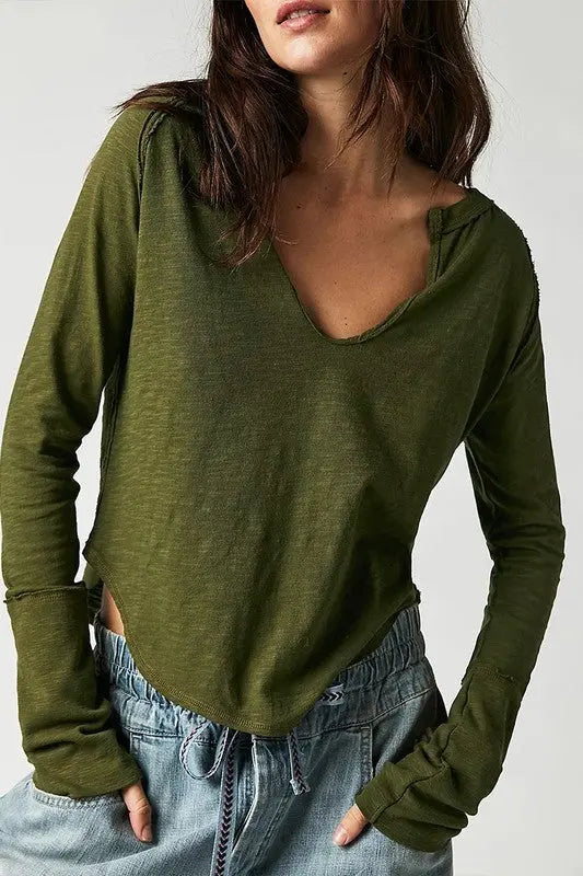 Bri V-Neck Long Sleeve Relaxed-Fit Shirt  Fason De Viv