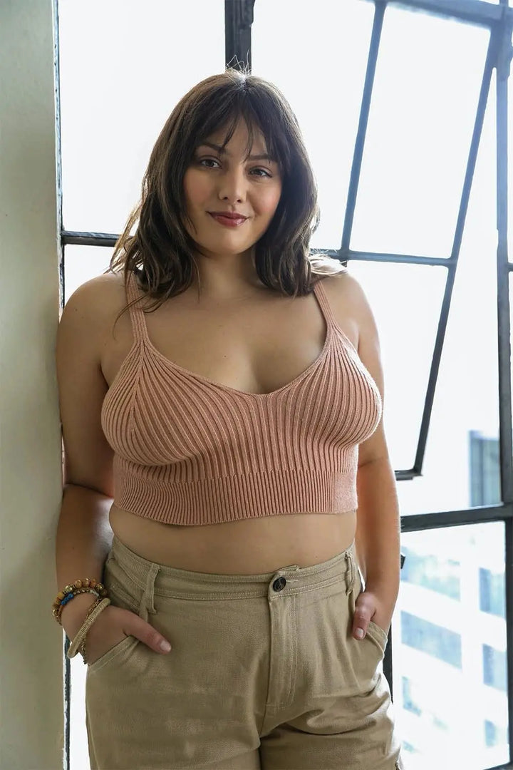Blush pink contour rib knit brami lounge top product shot showing V-neckline and rib texture on white background