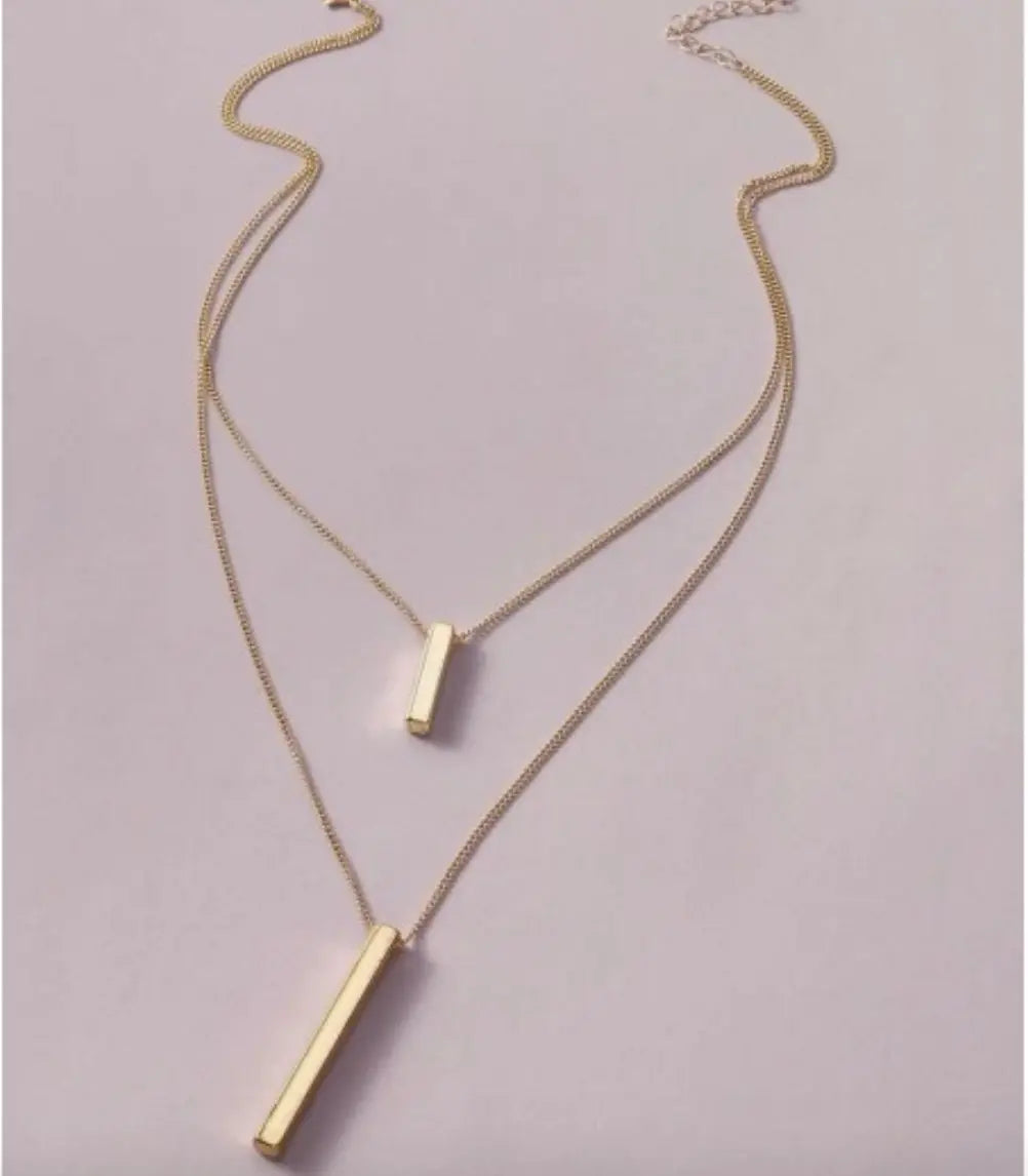 Double Layered Gold Bar Pendant Chain Necklace - Fason De Viv