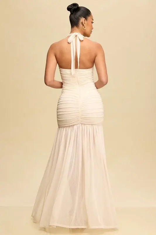 EVE RUCHED MESH HALTER DRESS - Fason De Viv