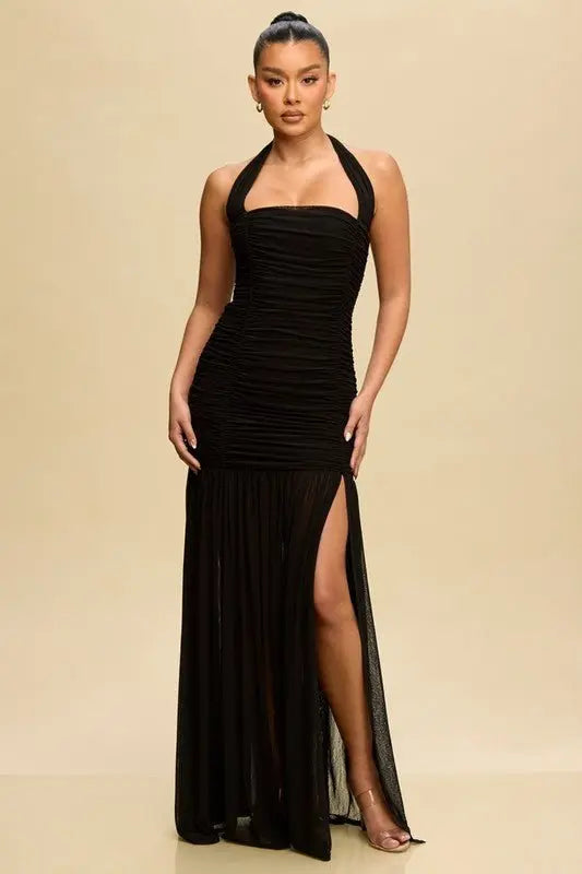 EVE RUCHED MESH HALTER DRESS - Fason De Viv
