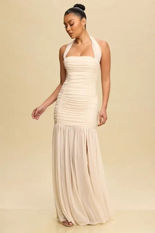 EVE RUCHED MESH HALTER DRESS - Fason De Viv