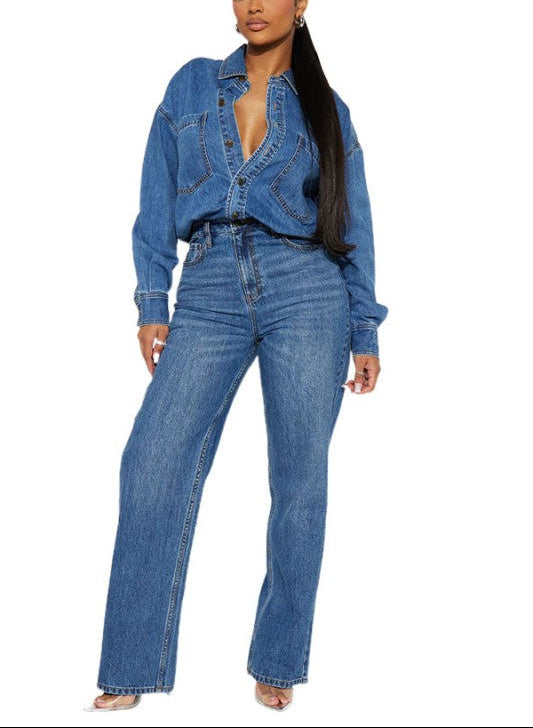 EVE Women Fashion Denim Long Sleeves Jumpsuit