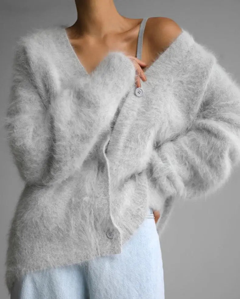 Eve Cozy Grey Knitted Cardigan Sweater - Cardigans from Hiddenbrand