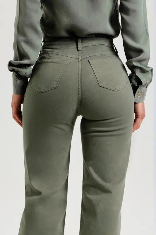 Eve Olive Green Slim Fit Flared Casual Jeans - Fason De Viv