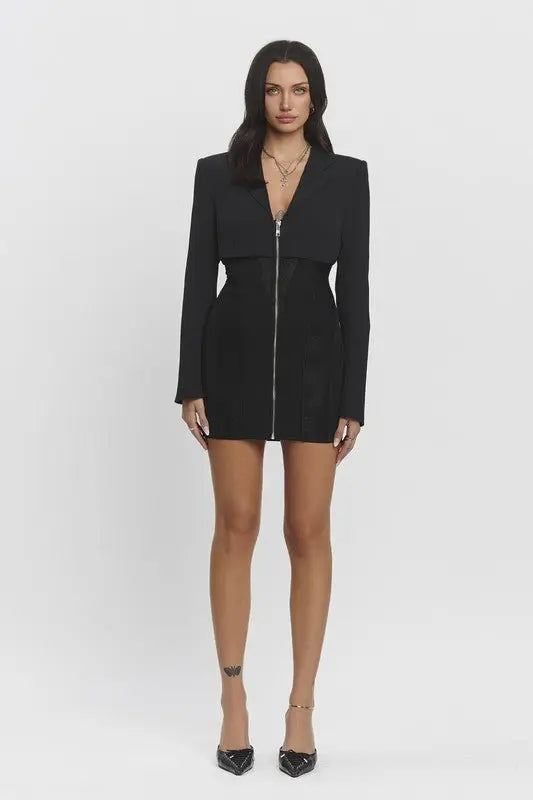 Eve Zip - up blazer mini dress w/ lace contrast - Fason De Viv