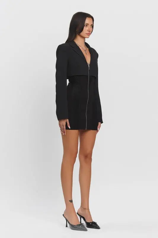 Eve Zip - up blazer mini dress w/ lace contrast - Fason De Viv