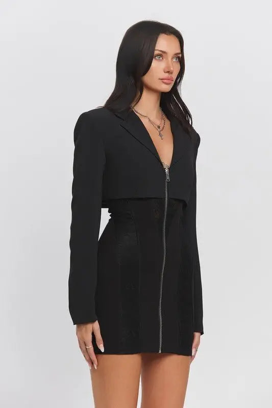 Eve Zip - up blazer mini dress w/ lace contrast - Fason De Viv