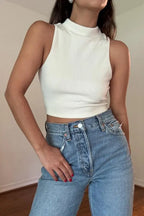 Soft Ribbed Mock Neck Women's Sleeveless Crop Top