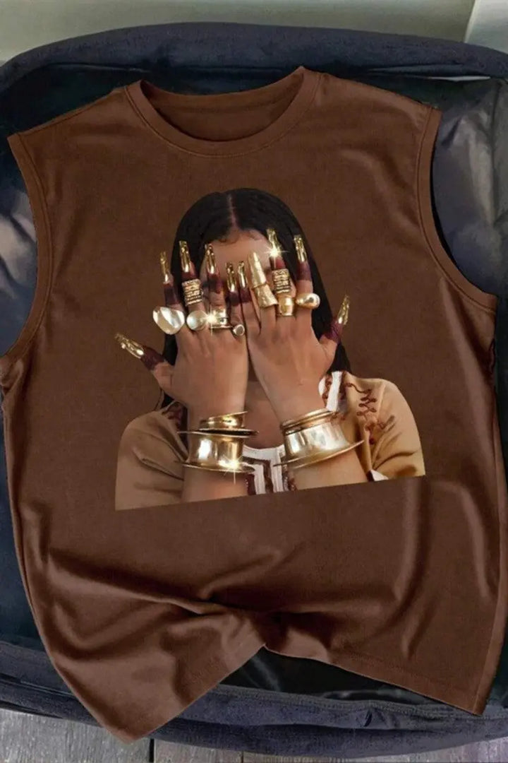 Gold Nail Graphic Sleeveless Tank Top