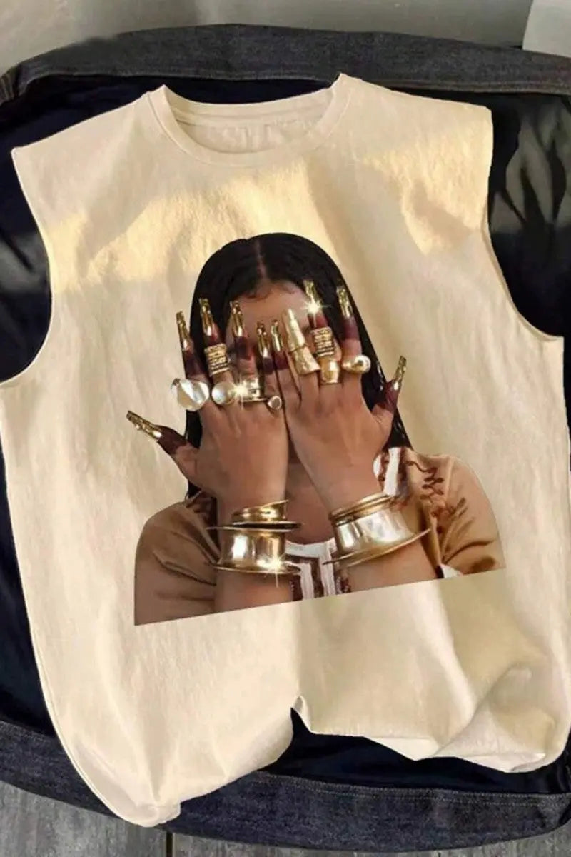 Gold Nail Woman Face Graphic Sleeveless Tank Top