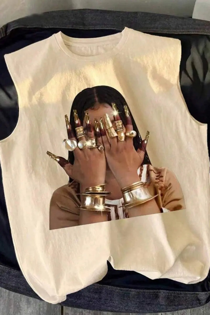 Gold Nail Woman Face Graphic Sleeveless Tank Top