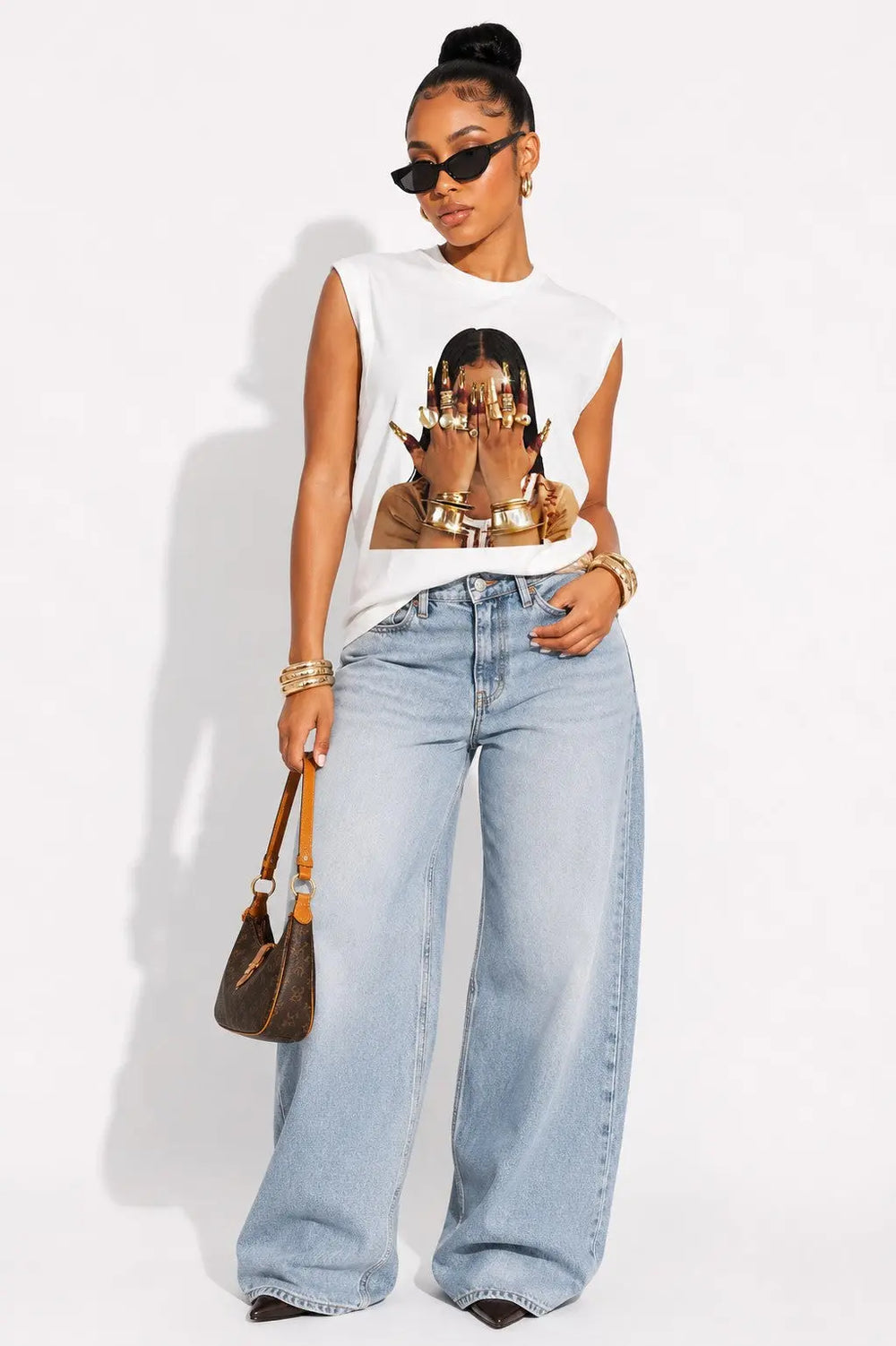 Gold Nail Woman Face Graphic Sleeveless Tank Top