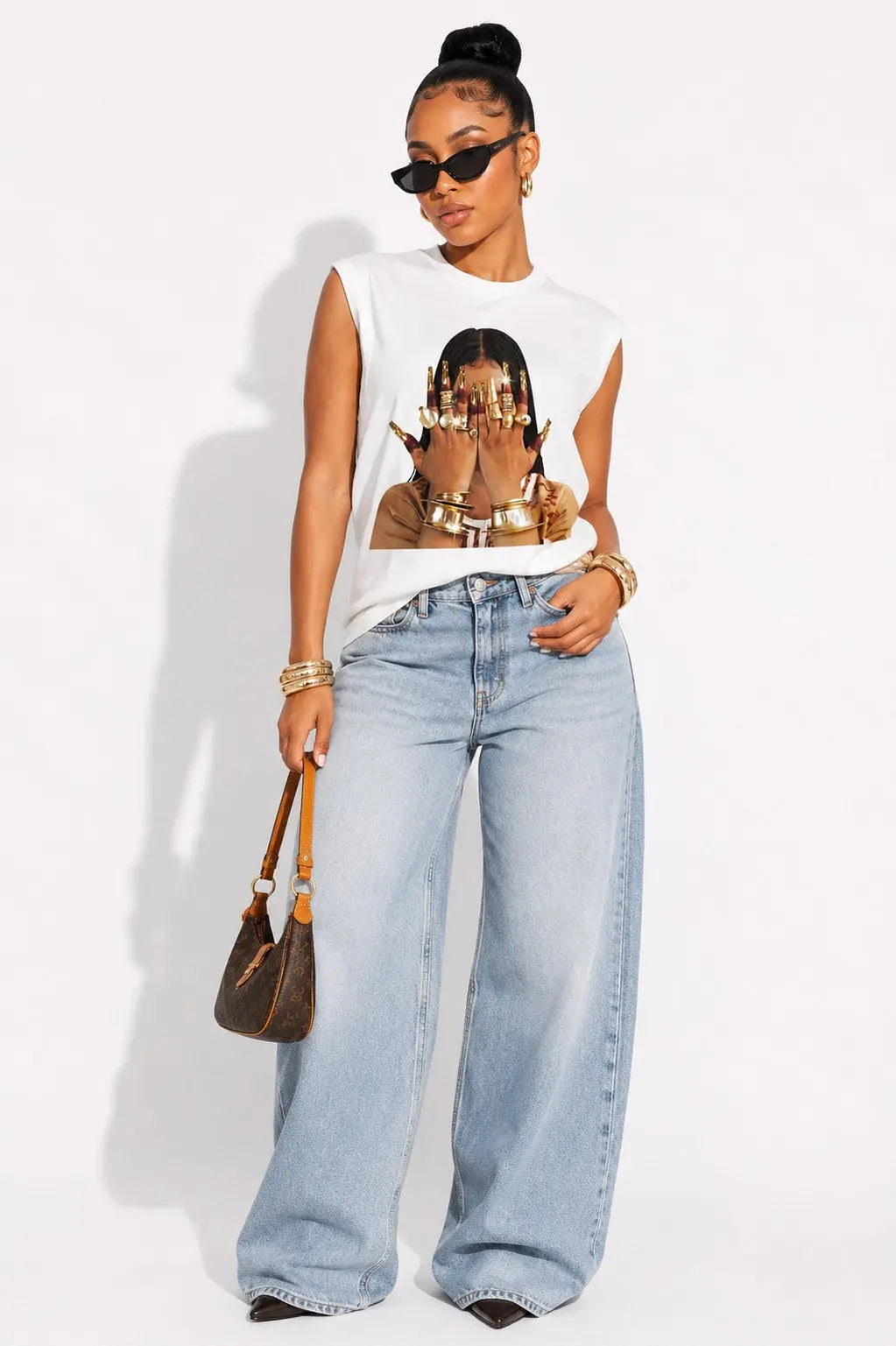 Gold Nail Woman Face Graphic Sleeveless Tank Top