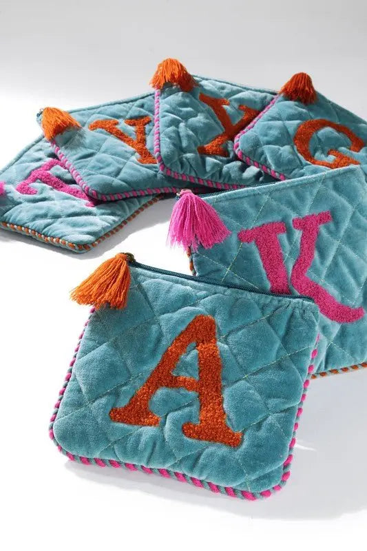 Hand Embroidered Initial Velveteen Pouch - Fason De Viv