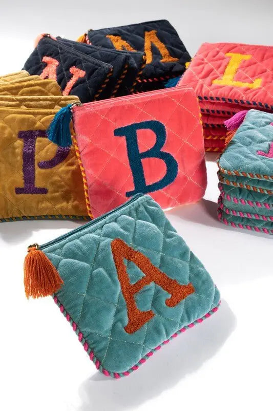 Hand Embroidered Initial Velveteen Pouch - Fason De Viv