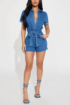 Judy Zipper Front Denim Romper - Fason De Viv