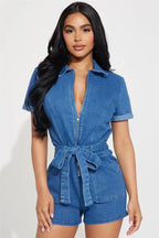 Judy Zipper Front Denim Romper - Fason De Viv