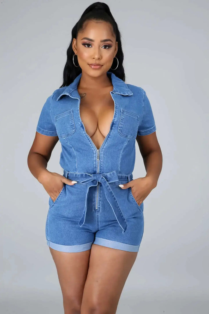 FASON DE VIV Judy Zipper Front Denim Shorts Romper – model wearing medium wash denim romper
